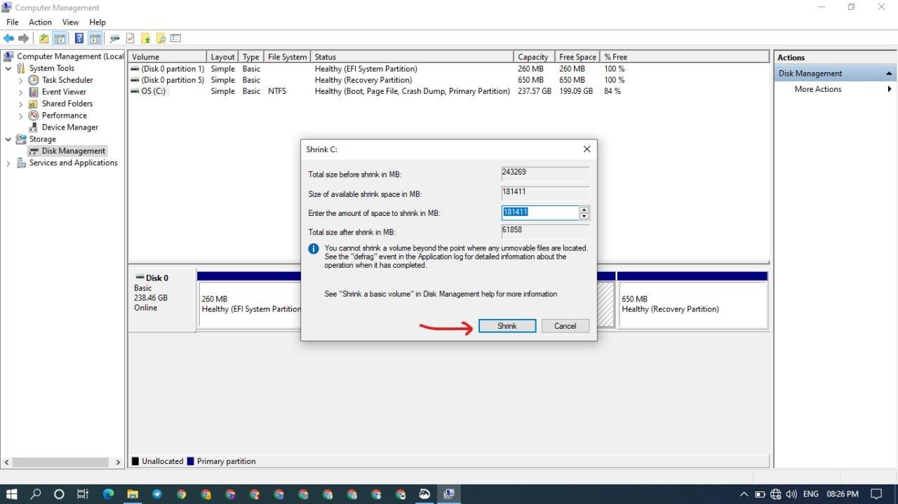 new partition disk ka size choose kare