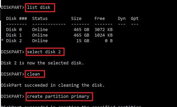 Command list disk, Select dick 1 , clean , create partition primary Shows