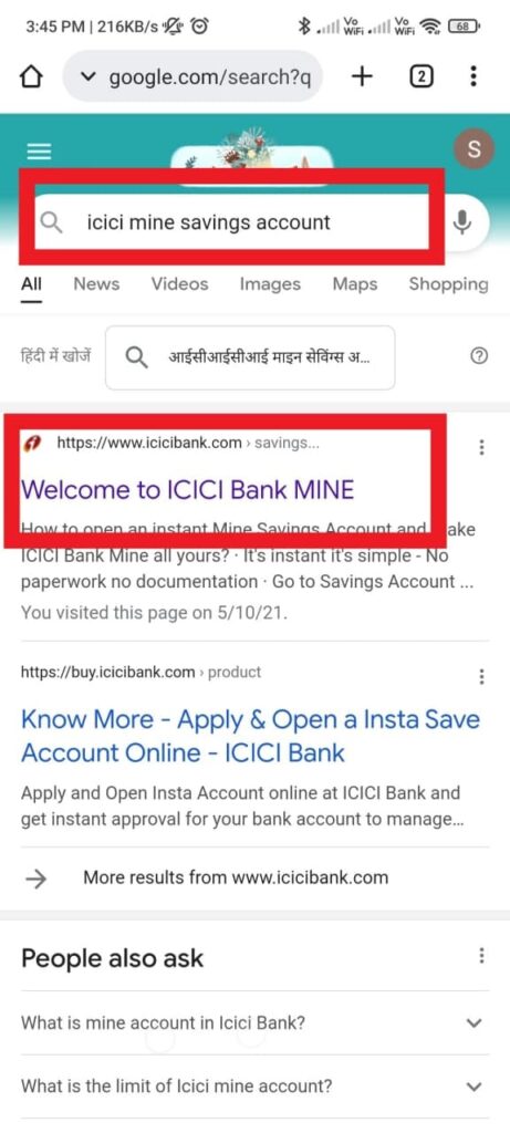 ICICI Mine Saving Account google me search kare