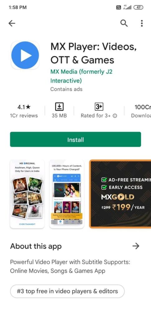 INSTALL MX PLAYER APP FROM GOOGLE PLAYSTORE