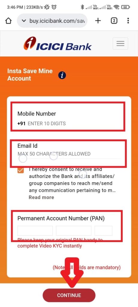 email id or mobile number ko submit kare - icici mine account kaise open kare